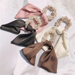 2021 New French Style Silk Scarf Ribbon Imitation Pearl Rubber Band Hair Rope Sweet Girl Women Fashion Ponytail Hair Accessories