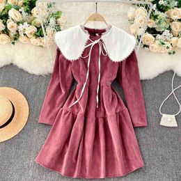 Style Dress Female Autumn and Winter Contrast Color Shawl Collar Temperament Slim Short A-line Puffy Woman UK557 210507