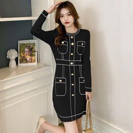 Casual Dresses Ladies Knitted Dress Female 2021 Autumn Fashion O-neck Gold Button Deco Long Sleeve Striped Sweater Vestidos