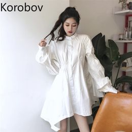 Korobov Korean Puff Long Sleeve Women Dress Vintage Sweet White Stand Collar Vestidos Preppy Style Single Breasted Robe Femme 210430