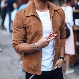 Autumn Fashion Suede Coats For Men Solid Turn-down Collar Zipper Tops Winter Casual Long Sleeve Slim Jackets 211126