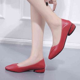 Dress Shoes Spring Autumn Low Heels Pointed Toe Boat Chunky Slip on For Woman Black Office Red N7769 220309