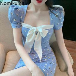 Nomikuma Floral Printed Bodycon Dress Women Square Collar Bow Knot Lace Up Short Sleeve Backless Dresses Slim Fit Vestidos Mujer 210514
