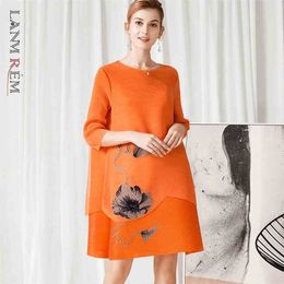 Flower Drill Mesh Pleated Dress Women's Summer Three Quarter Sleeves Loose Casual Orange Dresses Mother Gift 2D3930 210526