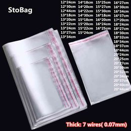 StoBag 100pcs Thick 7 Wires Clear Plastic Self Adhesive Bags Hight Quality Jewellery Candy Gift Packing Transparent OPP Bag 210325