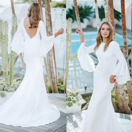 Elegant Modest Simple Crepe Plus Size Mermaid Wedding Dresses with Flare Sleeves Scoop Neck V Back Garden Informal Country Style Bridal Gowns