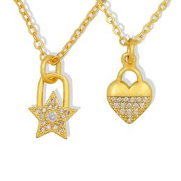 Chains CZ Crystal Heart Necklace Collier Coeur Gold Small Star Padlock Pendant Woman Charms Cubic Zirconia Jewerly Girl Gift