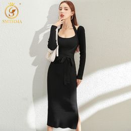 Women Bandage Black Sweater Dresses Long Sleeve O Neck Elegant Female Fashion Knitted Vestidos 210520