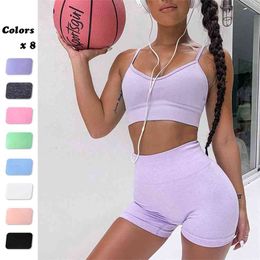 Summer Sport Set Women 2PCS Two Piece Purple Crop top Bra Shorts Yoga suit Workout Outfit Seamless Polyester Gym 210802