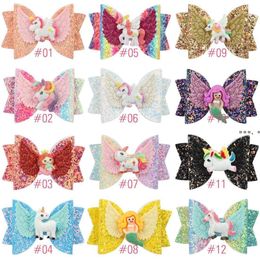 NEW3 Inch Girl Child Hair Bow Clip Unicorn Sequin Mermaid Barrettes Hairbow Hairpin Hair Head Accessories 12 Colors RRB13871