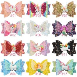 NEW3 Inch Girl Child Hair Bow Clip Unicorn Sequin Mermaid Barrettes Hairbow Hairpin Hair Head Accessories 12 Colours RRB13871