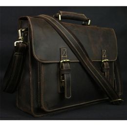 Vintage Crazy Horse Leather Men Briefcase Laptop Bag Work Business Genuine Shoulder Crossbody bag 220218