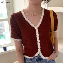 Hollow Out Knitted Sweater Women Temperament Thin Cropped Cardigan Vintage Summer V-neck Contrast Colour Short-sleeve Tops 210519