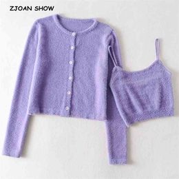 1 set Spring Korea Style Vintage Solid Colour Cardigan Tank Top Round Collar Single-breasted Button Knitted Sweater Jumper 210429