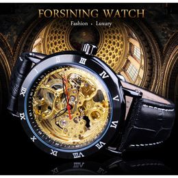Forsining Retro Flower Design Classic Black Golden Watch Genuine Leather Band Water Resistant Men's Mechanical Automatic Watches Wristwatch