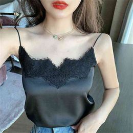 Summer crop top Women clothes silk V-neck pullover Lace Geometry Sleeveless casual womens harajuku tank tops 210507