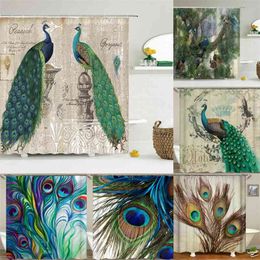 Peacocks Shower Curtains Chinese Birds Feather Bathroom 3d Retro Flower Waterproof Polyester Bath Screen With Hooks 210915