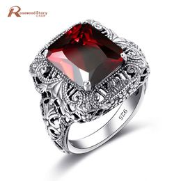 Fashion Jewelry Big Ring Hollow Out Created Garnet CZ Stone Concave Cut Women Ring Soild 925 Sterling Silver Men Vintage Jewelry