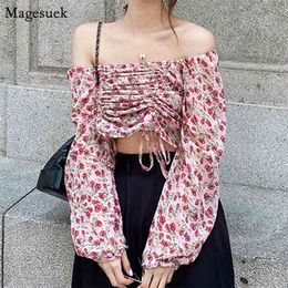 Korean Off Shoulder Vintage Floral Chiffon Shirt Women Spring Slash Neck Print Blouse Drawstring Sexy Ladies Tops 13305 210512