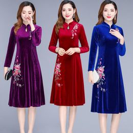 -Vestidos casuales vestido de mujer estilo chino bordado retro cheongsam primavera otoño manga larga Madre de mediana edad Qipao Vestidos