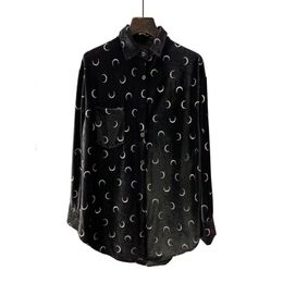 Women Black Velvet Moon Print Turn Down Collar Long Sleeve Shirt Blouse B0428 210514