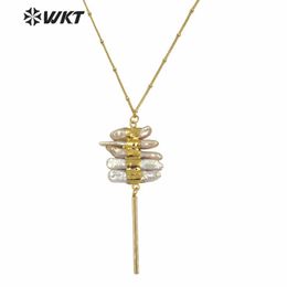 WT-N1124 5pcs/lot Wholesale Beautiful Natural Freshwater Pearl Necklace With Gold Electroplated link chain for women Jewellery X0707
