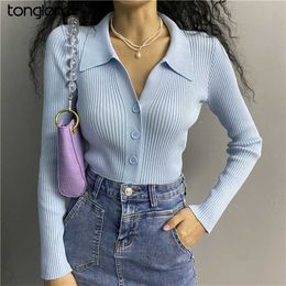 Korea Retro Sweater Tops Autumn Single-Breasted Polo Collar Knitted Shirts Female Long Sleeve Striped Solid Crop Top White 211018