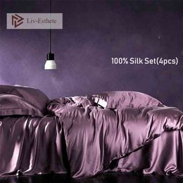 Liv-Esthete 100% Silk Beauty Bedding Set Silky Healthy Purple Duvet Cover Flat Sheet Pillowcases Queen King Bed Linen Set 210706