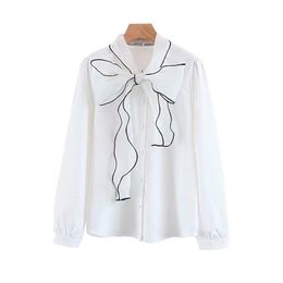 Women White Bow Solid Chiffon Top Shirt Long Sleeve Office Lady Work OL B0182 210514