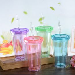 1pcs 450ml double-walledice plasticized tumbler with straw reusable smoothie cold drink travel mug coffee juice tea cup