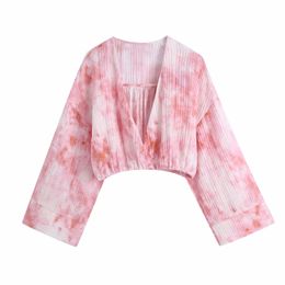 Summer Women Tie Dye Printing Deep V Neck Short Shirt Female Nine Quarter Sleeve Blouse Casual Lady Loose Tops Blusas S8915 210430