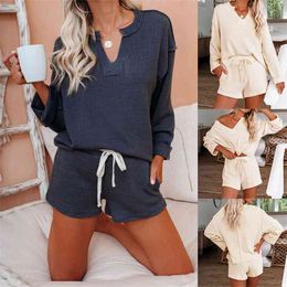 Two Piece Set Women Autumn V Neck Long Sleeve Casual Pullover Top+High Waist Drawstring Pocket Solid Shorts Ladies Loose Outfits 210522