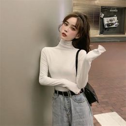 Autumn Turtleneck Slim Long Sleeve Thin Soft T-shirts Ladies Solid Tops Girls Basic Undershirts Tees Black 210522