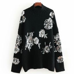 Vintage Woman Loose Sequins Heavy Craft Sweater Fashion Ladies Autumn Shine Knitwear Female Chic Warm Oversized Tops 210515