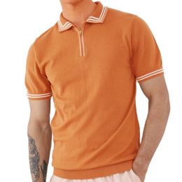 Mens Polos Orange Shirt Business Male Turn-Down Shirts Summer Striped Slim Tops Pullover Men Casual Button Design Short Sleeve
