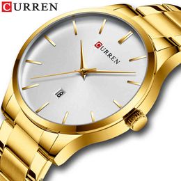 Gold Men's Watch Top Luxury Brand Curren Simple Quartz Wristwatches for Men Clock Auto Date Watch with Stainless Steel Relojes Q0524