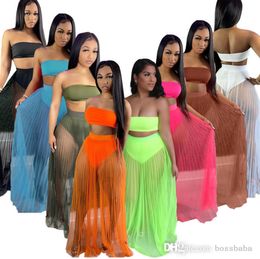 Summer Womens Two Piece Dresses Sexy Mesh Crop Top Strapless Skirt Bodycon Dress Fashion Solid Colours High Quality S-XXL