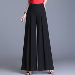 High Waist Chiffon Wide Leg Pants Women Summer Korean Pleated Plus Size Pants Solid Loose Black Pants Long Trousers Women 210319