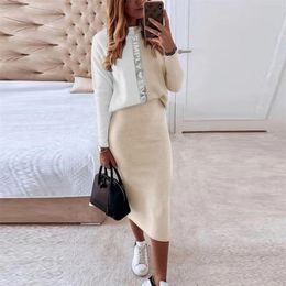 Women Elegant O-Neck Pullover Tops And Skirts Set Casual Long Sleeve Sweatshirt Outfits Fashion Print Lady Dress Two Piece Suits 220302