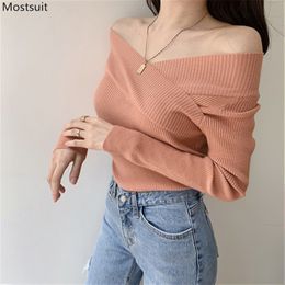 Spring Autumn Women Sexy Sweater Korean Ladies Jumpers Fashion Long Sleeve Soft 2 Way Wide V-neck Kintted Pullover 210513