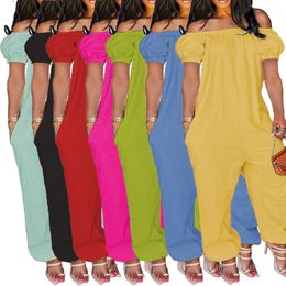 Women's Jumpsuits Rompers 2021 European and American temperament Tongle elegant pure color short-sleeved loose-fitting