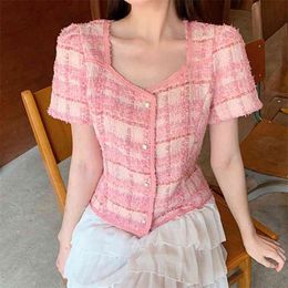 Korea Temperament Ladies Pink Plaid Thin Tweed Women Short Sleeve Slim Jacket Elegant Female Fashion Casual Cardigan 210519