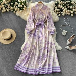 Women Design Print Maxi Dress Turndown-Collar Long Sleeve Sashes A-line Dresses Autumn Boho Casual Vacation Long Dress 210715