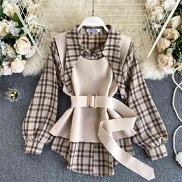 Vintage Women Plaid Print Shirt Blouse and Sleeveless Knit Sweater Vest Two Pieces Sets for Elegant Autumn Clothing 210603