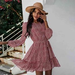 Summer Vintage mini dress women Sexy Printed Pleated Long-Sleeved Ruffles Dresses Women beach A- Line party Vestidos 210508