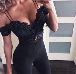 Women Sexy Lace Black Bandage Jumpsuit Fashion Short Sleeve Celebrity Skinny Slim Party Rompers 210527