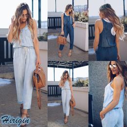 Women's Jumpsuits & Rompers Summer Women Casual Soft Denim Sleeveless O-Neck Lace Up High Waist Overalls Straps Jumpsuit