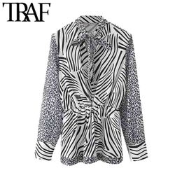 Women Fashion With Bow Tied Zebra Print Blouses Vintage Long Sleeve Animal Pattern Female Shirts Chic Tops 210507