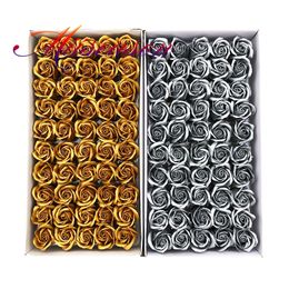 50pcs Diameter 4.5cm Gold /Silver Soap Rose Heads Artificial Roses for Wedding Valentine's Day Gift Bouquet Home Decor Flowers 210317