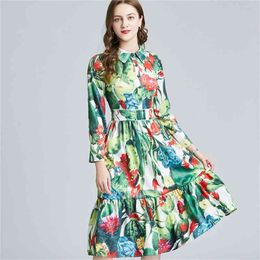 Spring Runway Designer Elegant Party Dress Women Turn Down Collar Green Print Office OL Female Casual Midi Vestdios 210519